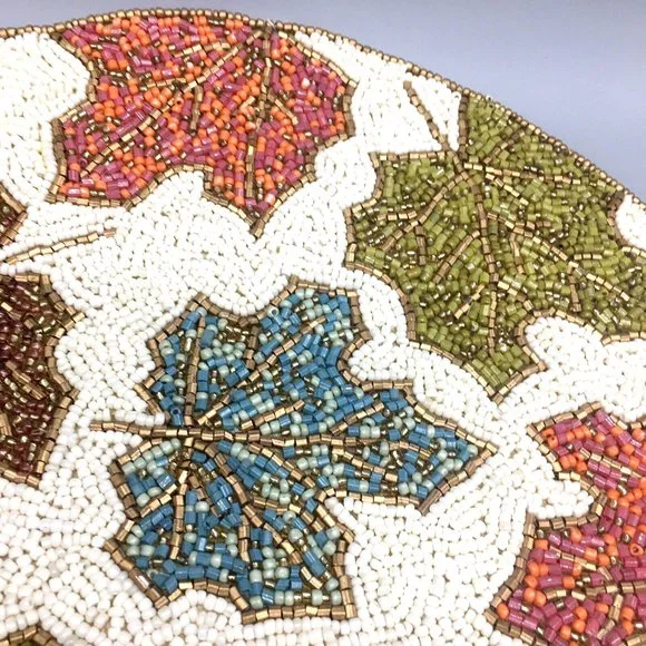 x2 Tahari Fall Maple Leaves Beaded Placemat Set Orange Blue Green Decor 14